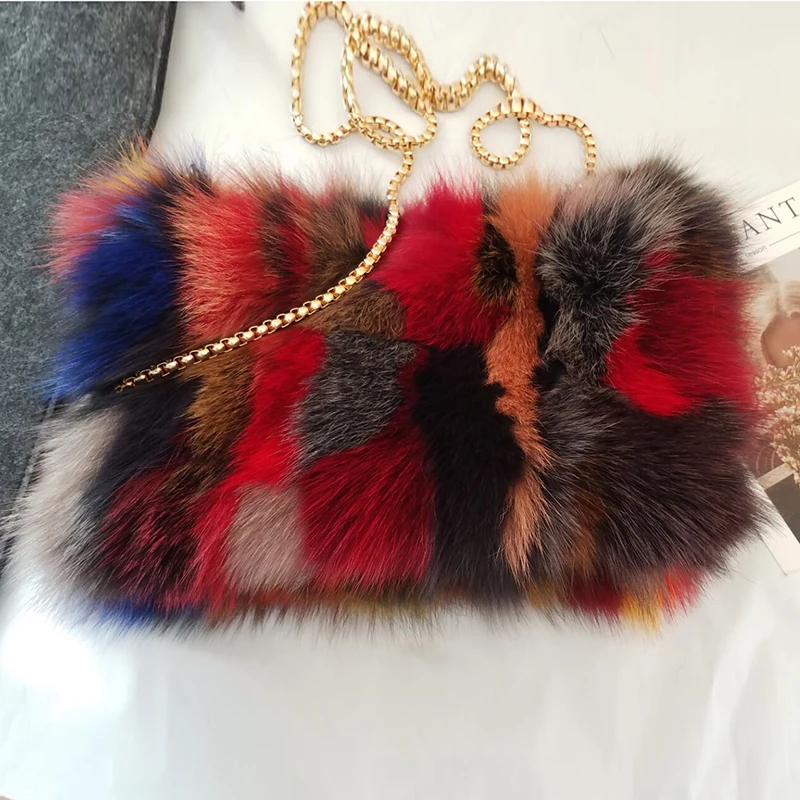 Real fox fur lady\'s handbag mini chain messenger bag one shoulder cross body bags cute Fur hair bag real leather Christmas gift