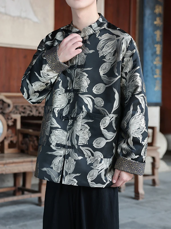 جديد 2025 بدلة تانغ للرجال Jaet عتيقة صينية Sle طويلة Sve بأزرار حتى ملابس خارجية فضفاضة تناسب الأزهار والتطريز منتصف العمر...