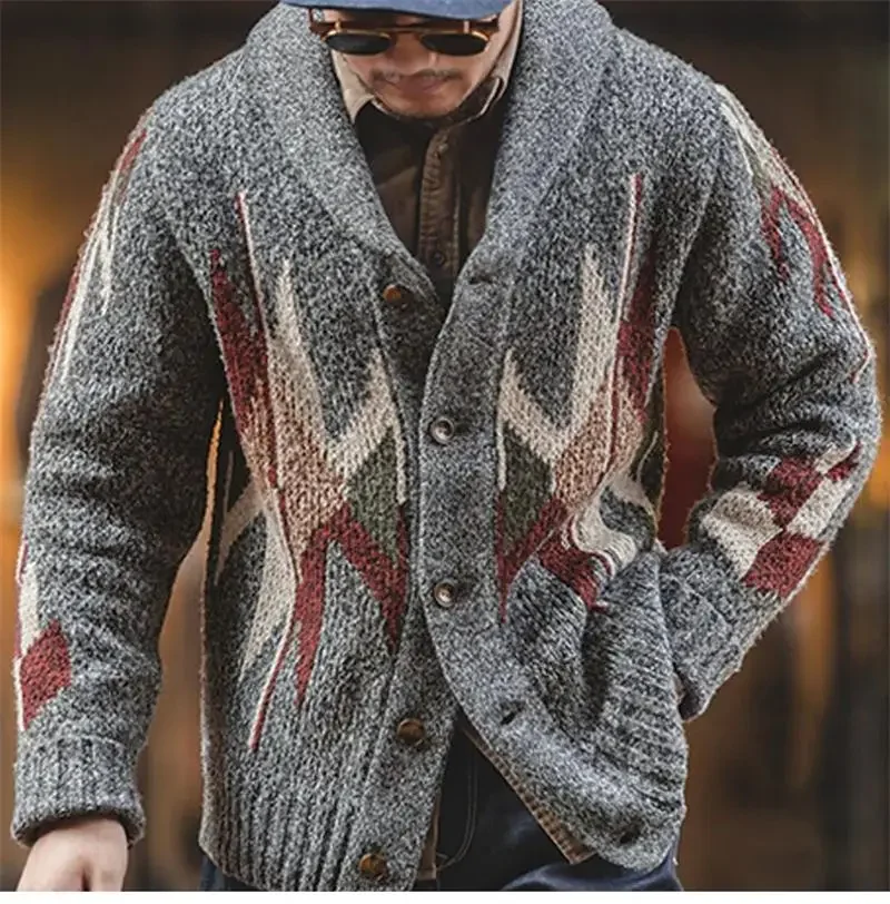 

Men's Retro Pattern Jacquard Knitwear Cardigan, Thickened Sweater Coat, British Street Fashion, Autumn, Winter, New, 2023