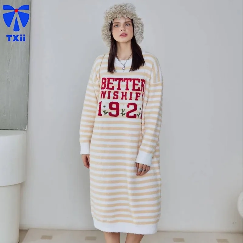 Autumn and winter soft half velvet can be worn outside warm women's pajamas home clothes suit and dress dress striped nightgown