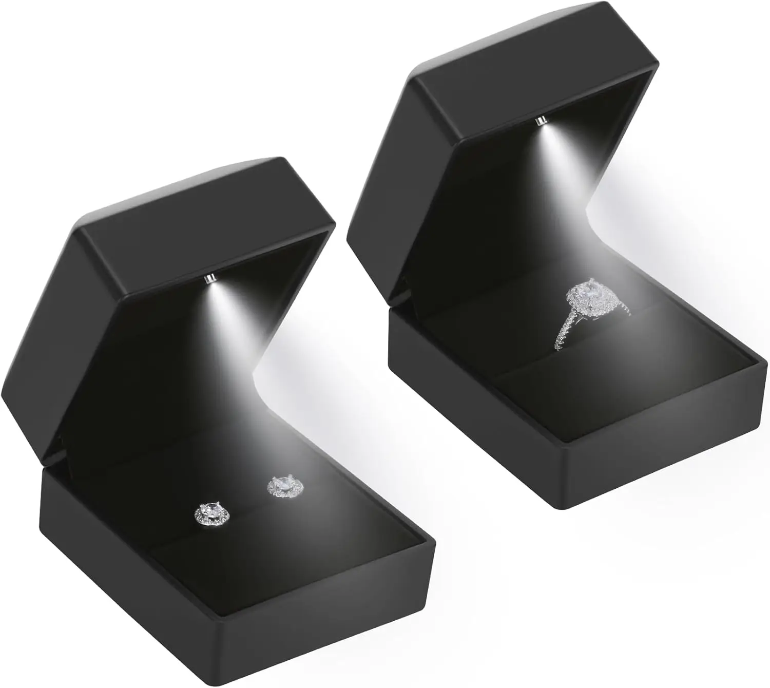 

2 Pcs Ring Earring Gift Box with LED Light, Elegant Velvet Jewelry Display for Proposal, Engagement, Wedding (Black)