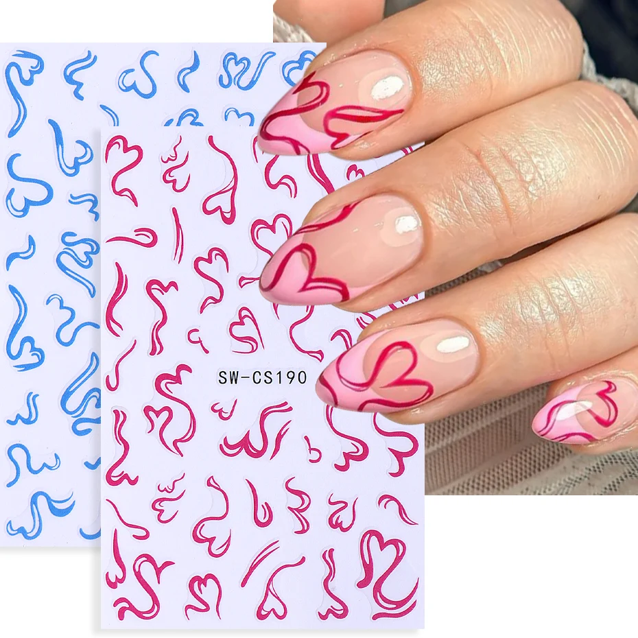 3D Simple Lines Heart  Nail Art Sticker Blue Pink Nail Decoration Self-adhesive Sliders Decals DIY Manicure Accessories Tools