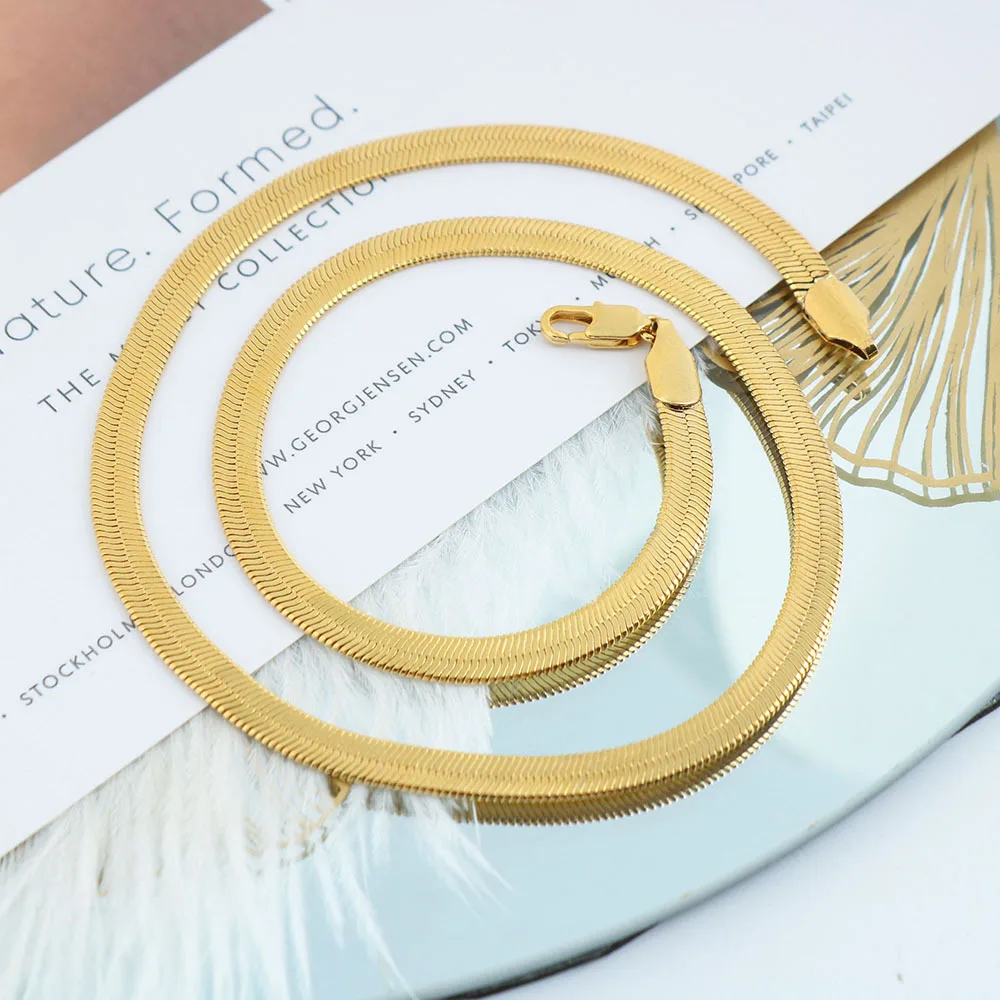 Luxury 24K 9999 Pure Gold real gold Women's Minimalist Fishbone Chain Necklace 45cm 50CM Flat Snake Bone Chain
