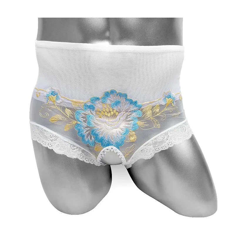 

Thin Sheer Embroidery Sissy Briefs Panties High Waist Softy Men Underwear See Through Floral Sexy Lingerie Male Underpants