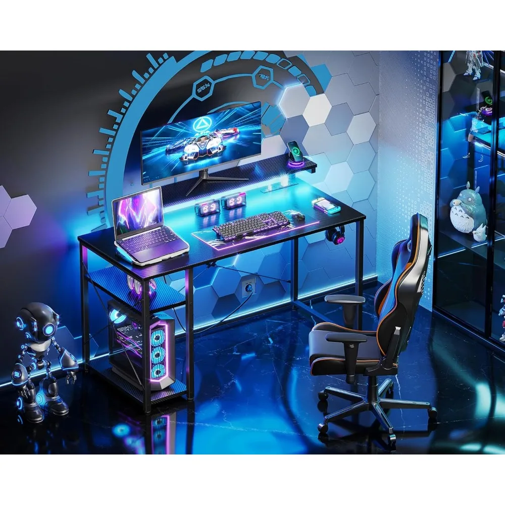 Gaming Desk with LED Lights & Power Outlet, Small Computer Desk with Shelves, Adjustable Monitor Stand & Headphone Hook