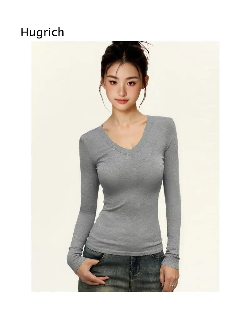 Womens V Neck Long Sleeve Tee Slim Fit Solid Color Stretchy Texture Soft Basic Casual Top For Different Daily Matching Outfits