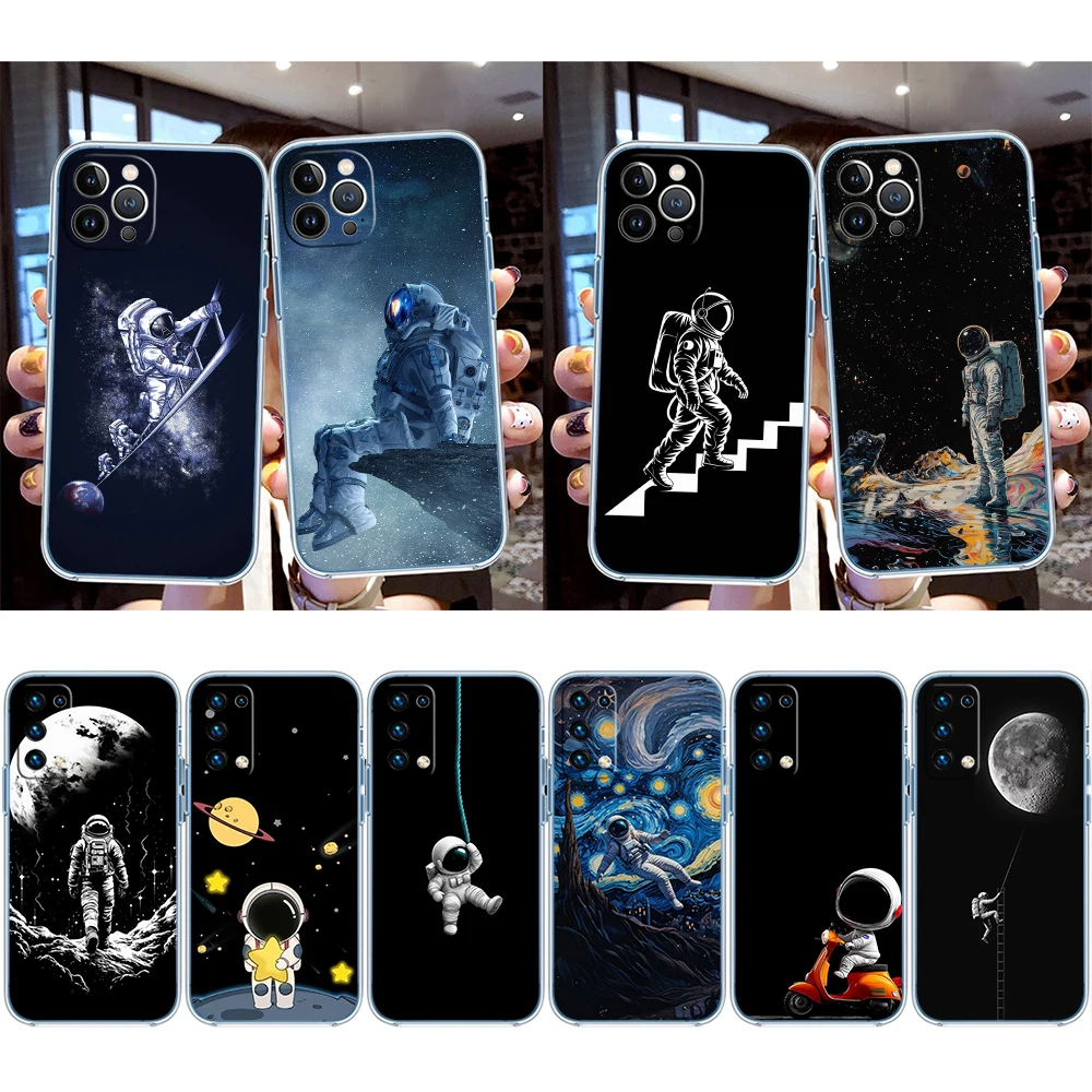FR80 Space Moon Astronaut Transparent Phone Case for Samsung Galaxy A04 A04S A14 A23 A34 A54 M23 M33 M52 M53