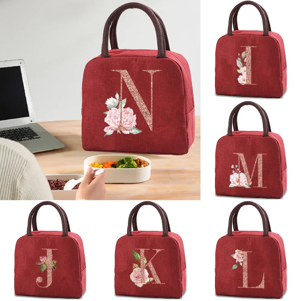 Bolsa de almuerzo, bolsa refrigeradora, caja aislada portátil, contenedor térmico de lona para alimentos fríos, Picnic escolar, lonchera de viaje con letras de oro rosa