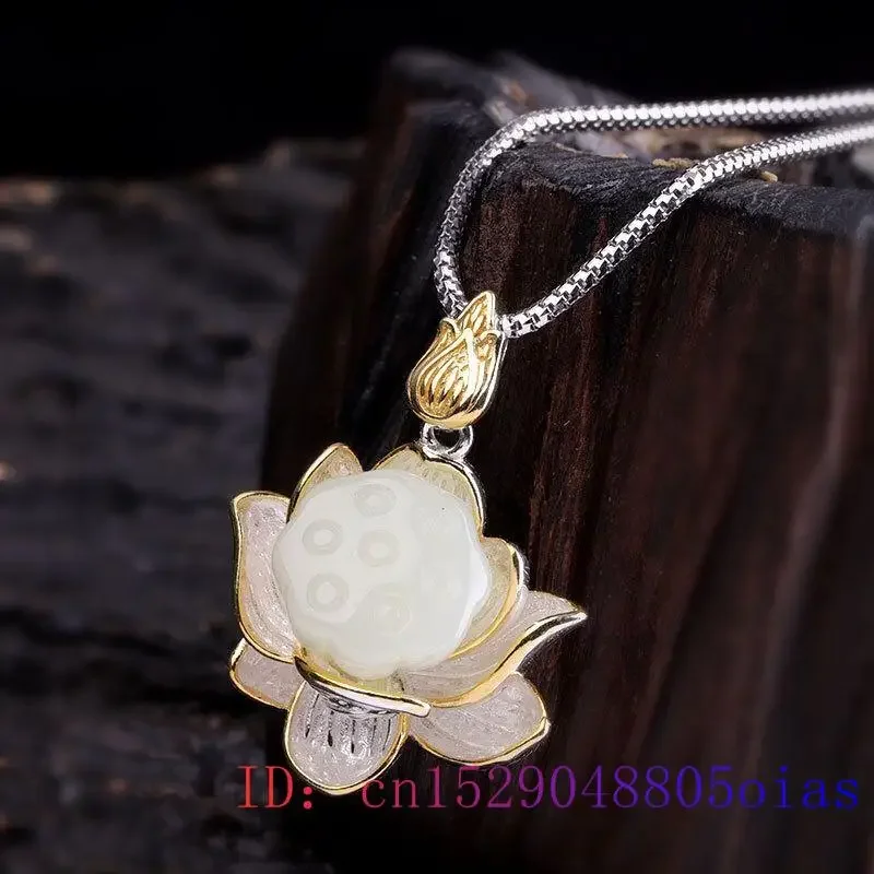 Jade Lotus Necklace Pendant 925 Silver White Amulet Jadeite Jewelry Gemstone Men Real Gemstones Stone Chinese Natural Vintage