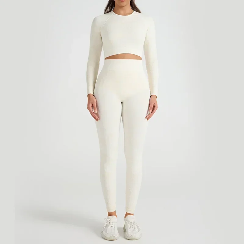 여성 요가 긴팔 섹시 카모플라쥬 자카드 피트니스 슈트 심리스 피치힙 슈트 세트 플러스 사이즈 스포츠 슈트 투피스 세트