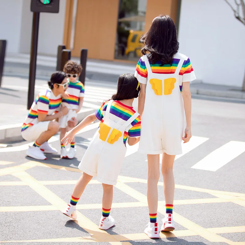 Summer Family Matching Funny Outfit Dad and Son T Shirts + Shorts Two Piece Sets Cute Mom and Daughter Tops + Jumpsuit Wing Suit