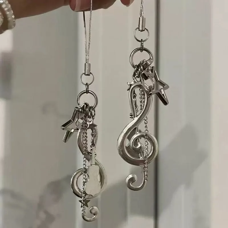 Korean Chic Silver Music Note Charm Mobile Phone Chain Fashion Girl's Star Keychain Decorative DIY Pendant for Backpack Handbag