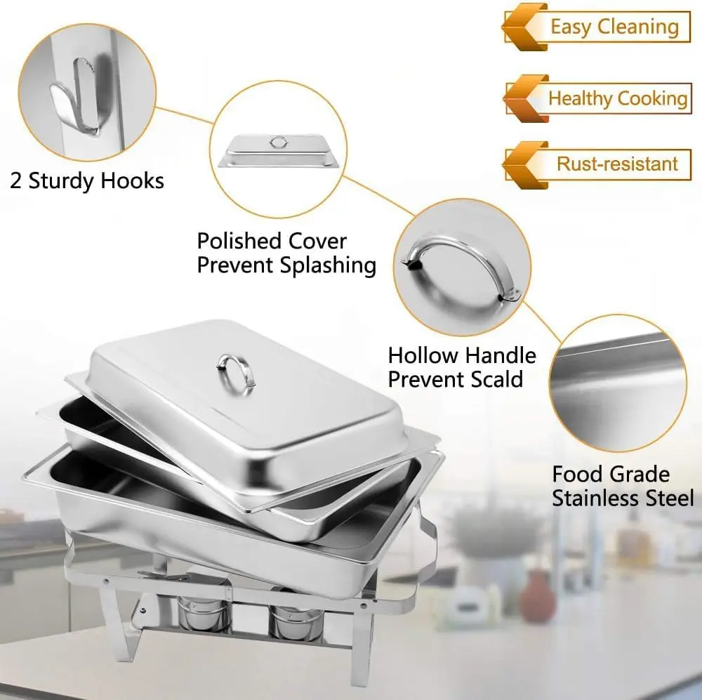 8 Qt 4 Pack Full Size Stainless Steel Chafing Dishes Buffet Set, NSF Silver Rectangular Catering Chafer Warmer Set