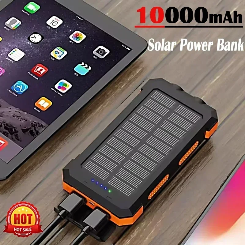 Solar Power Bank 10000mAh Outdoor Camping Portable Fast Charger Waterproof External Battery Charging Power Bank with LED Light