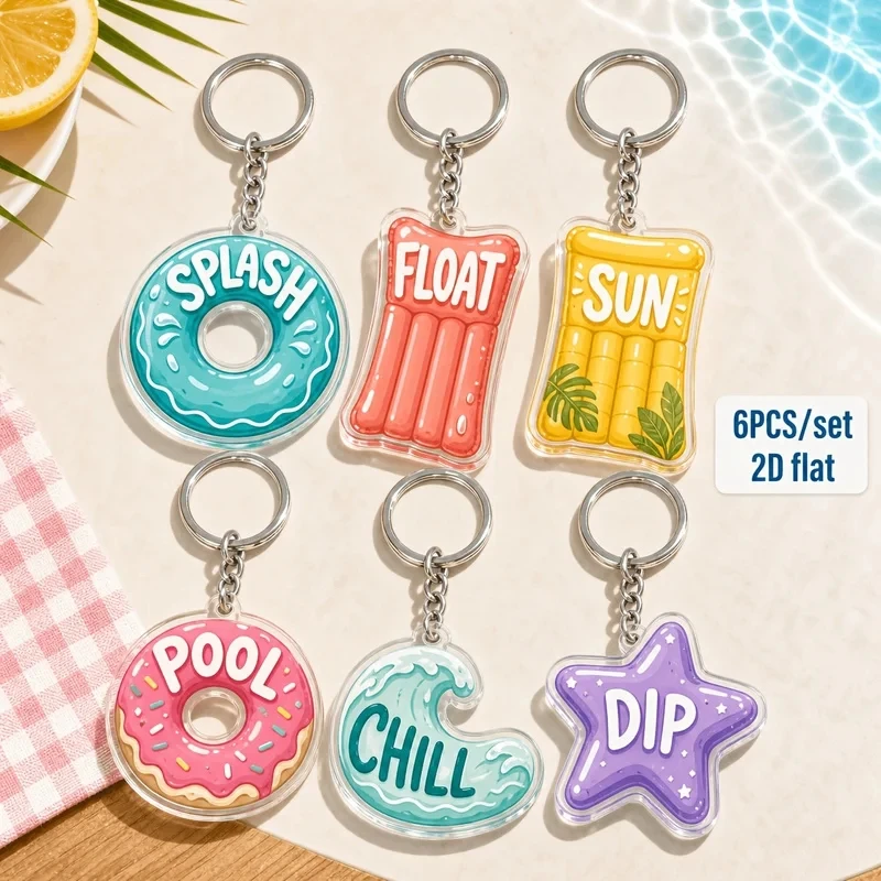 6pcs Summer Acrylic Keychain – Pool Beach Inflatable Design, Fun Bag Decoration Gift