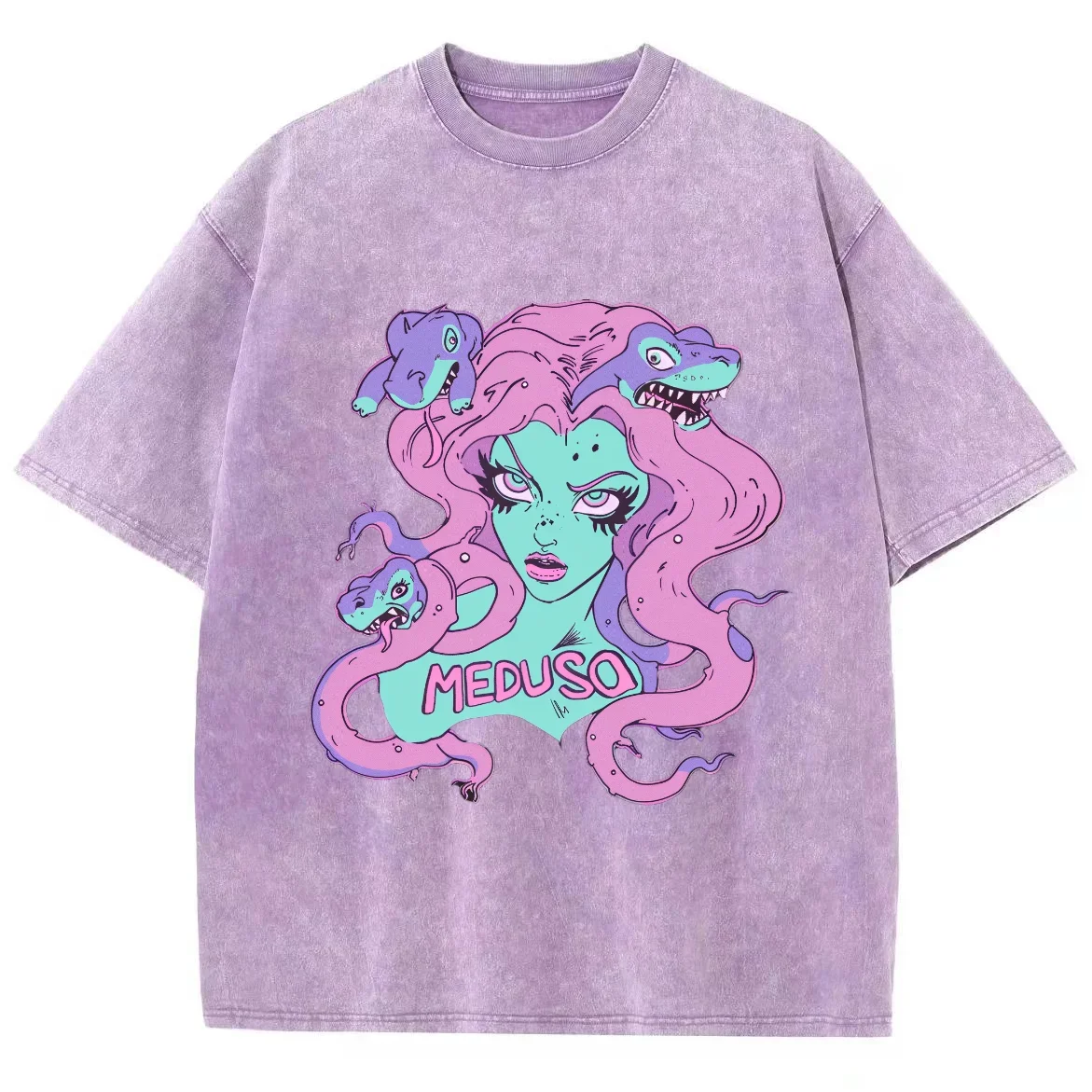 Cartoon Skeleton Snake Medusa, Hiphop Tops Y2K Washed T-shirt,  Oversized Streetwear Vintage Washed Surf T shirts For Women Men