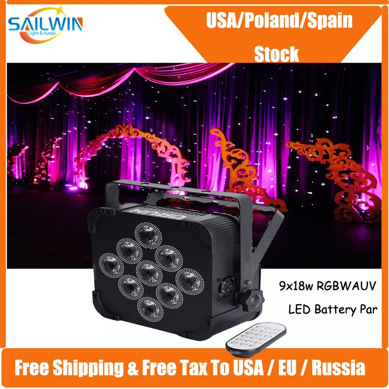 No Tax DMX512 9x18w RGBWAUV 6IN1 Battery Powered Remote Control Wedding Party Disco Stage Wireless Uplight Led Par Light