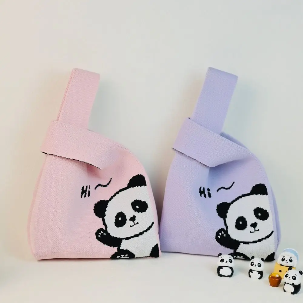 Cute Knit Handbag Handmade High-capacity Knit Knot Wrist Bag Panda Pattern Tote Bag Student