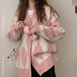 Cardigan lavorato a maglia con diamanti per donna autunno inverno scollo a V maglione allentato cappotto donna Cardigan oversize manica lunga rosa donna