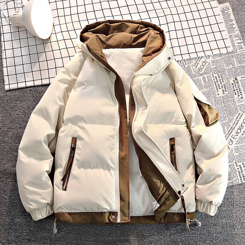 Winter Padded Jackets Men Outdoor Windproof Thicken Hooded Jackets Fashion Streetwear Hooded Parkas Warm Color-block Coats Teens