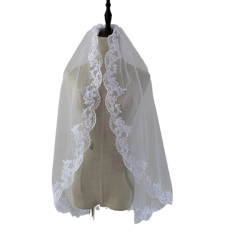 Voile en dentelle longueur du bout des doigts pour mariée, patients brodés avec peigne, pièce de sauna de mariage, accessoires, 1 niveau