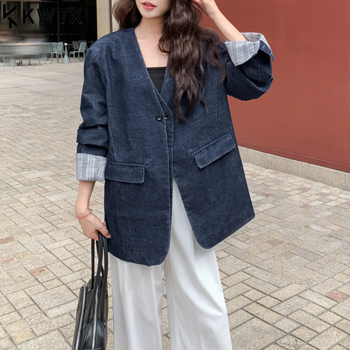 

KWTX 2025 Ретро вельветовый джинсовый блейзер, женский лоскутный пиджак с цветными блоками и v-образным вырезом на одной пуговице, высококачественный осенний офисный наряд