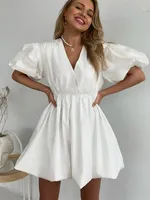 Fashion V-Neck Summer Mini Dress Women's High Waist Pleated Patchwork Elegant Dress Slim Female Short Sleeve Mini Dress