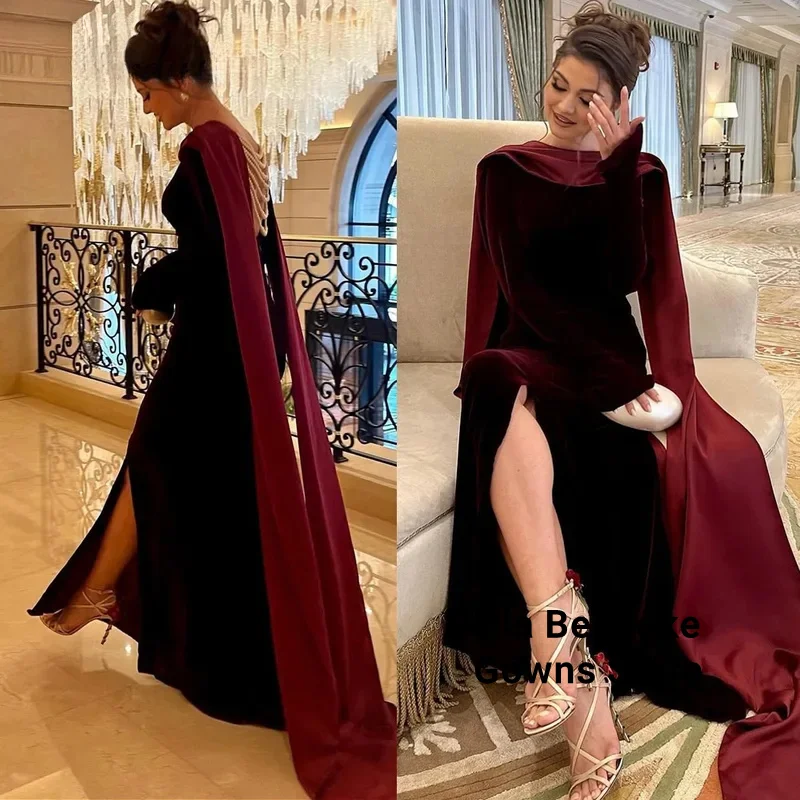 

Fancy A-line Celebrity Dresses Slit Beadings Cloak Kuwait Saudi Arabric Prom Gown Vestidos De Festa Plus Customized