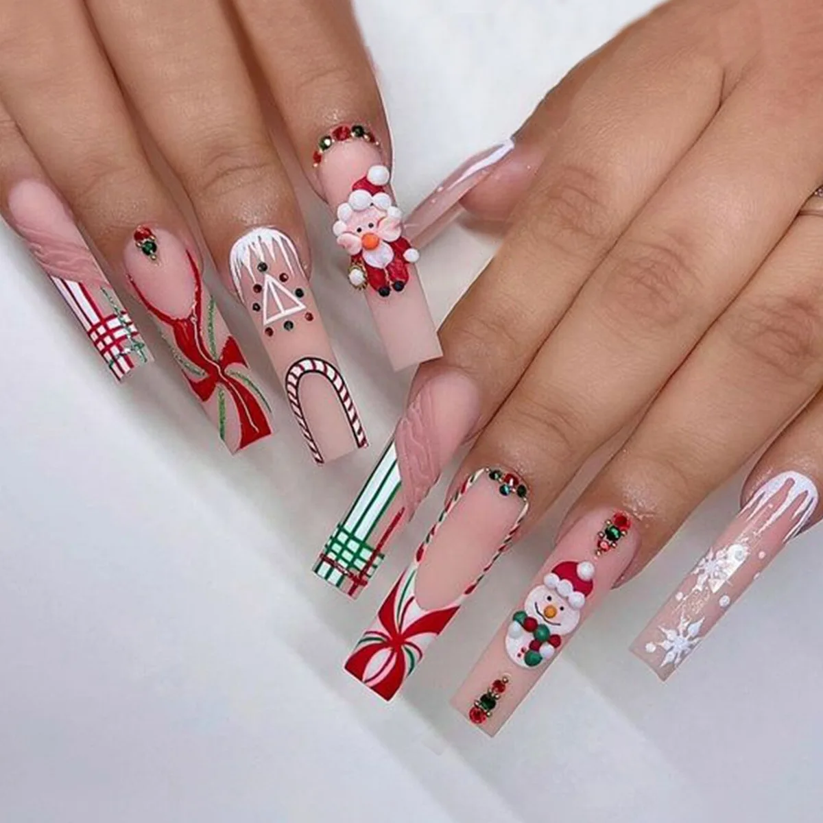 404 Falsenails Christmas Design Printing Fake Nails Nude French Snowman Winter Detachable Fingernails DIY Ballet Acrylic Nailtip