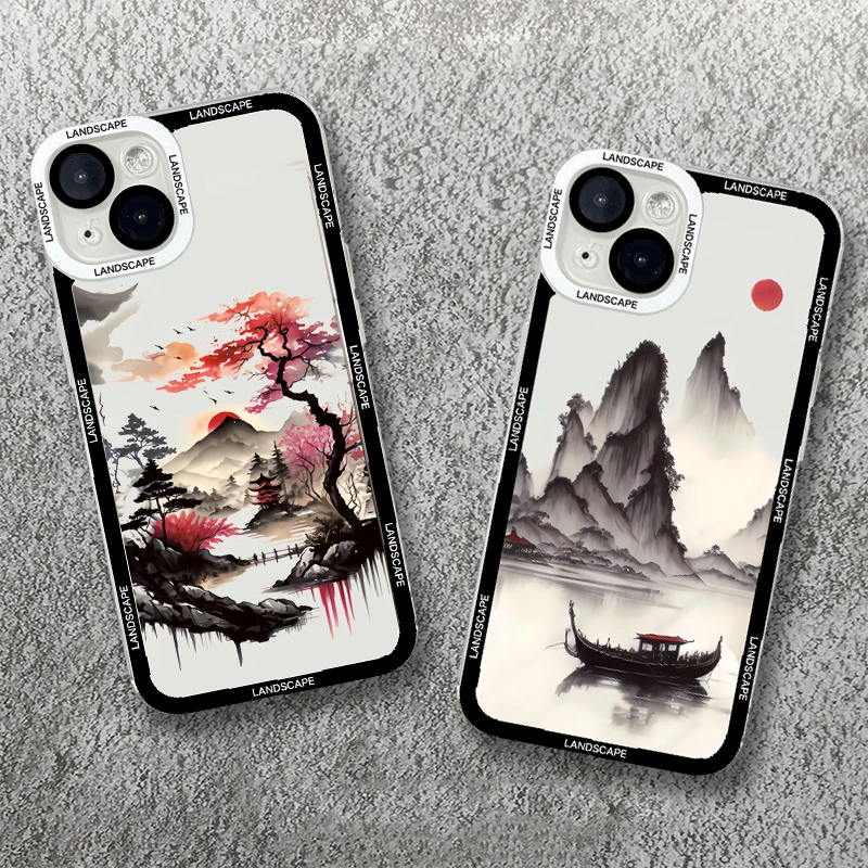 Phone Case for Xiaomi Redmi Note 12S 11S 10S 10 11 12 13 Pro Plus Max 5G 12C 13C 10C 12 4G Ink and Wash Landscape Soft Cover