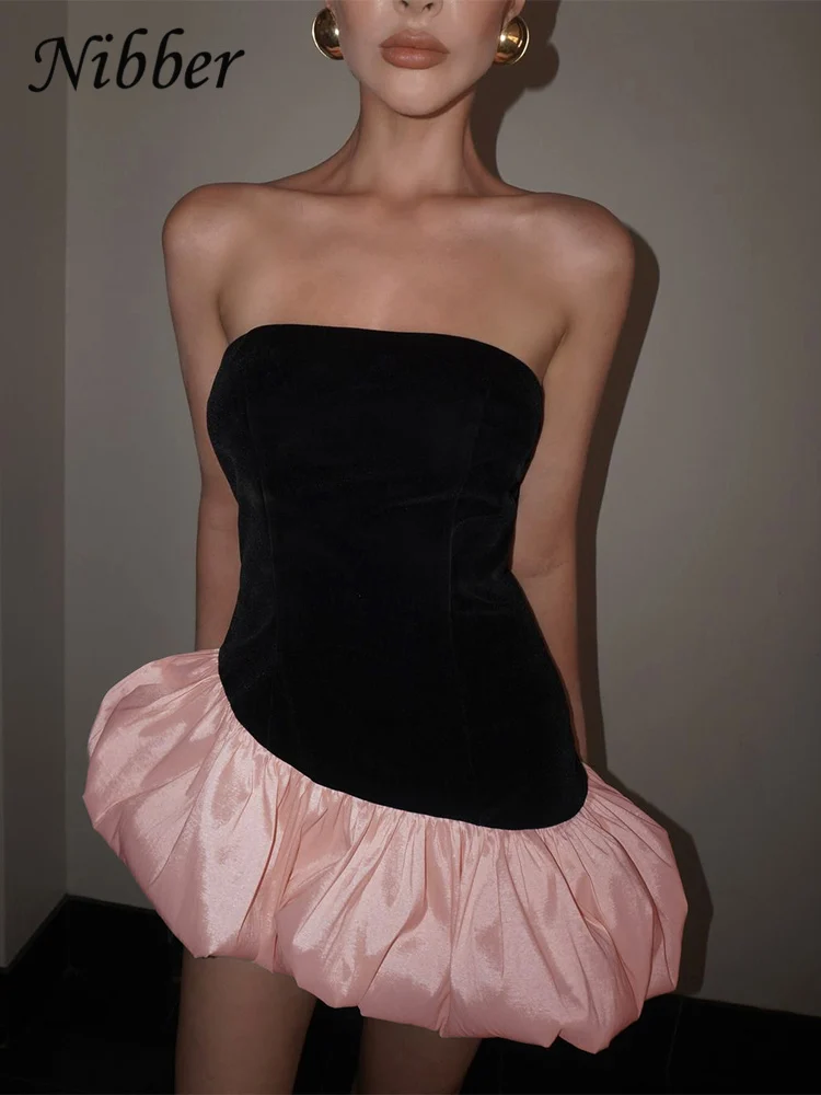 Nibber verão inchado vestido feminino y2k elegante irregular veludo retalhos sem alças meia-noite festa de aniversário doce banquete bodycon