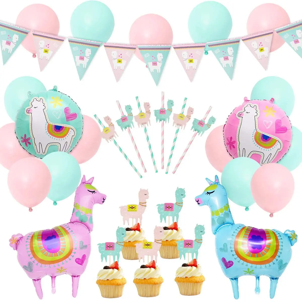 

JOYMEMO Llama Party Decorations Pink and Blue Llama Banner Alpaca Balloons Paper Straws for Boy or Girl Birthday Party Supplies