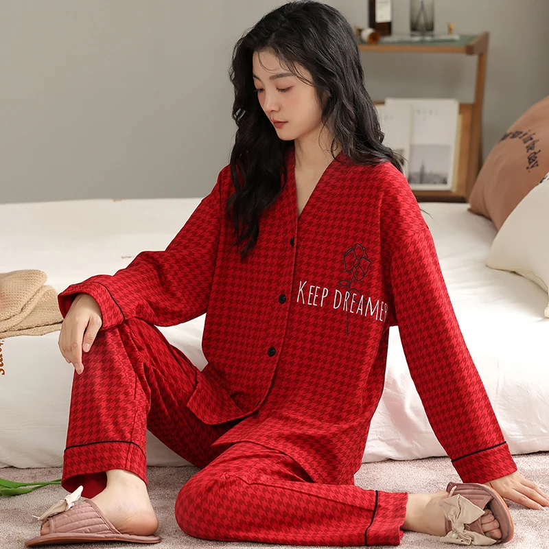 Red Swallow Gird Pajamas Set Women Long Sleeves Long Pants Autumn Winter Sweet Pyjamas Girl Pijamas Soft Cute Sleepwear Cozy Pjs