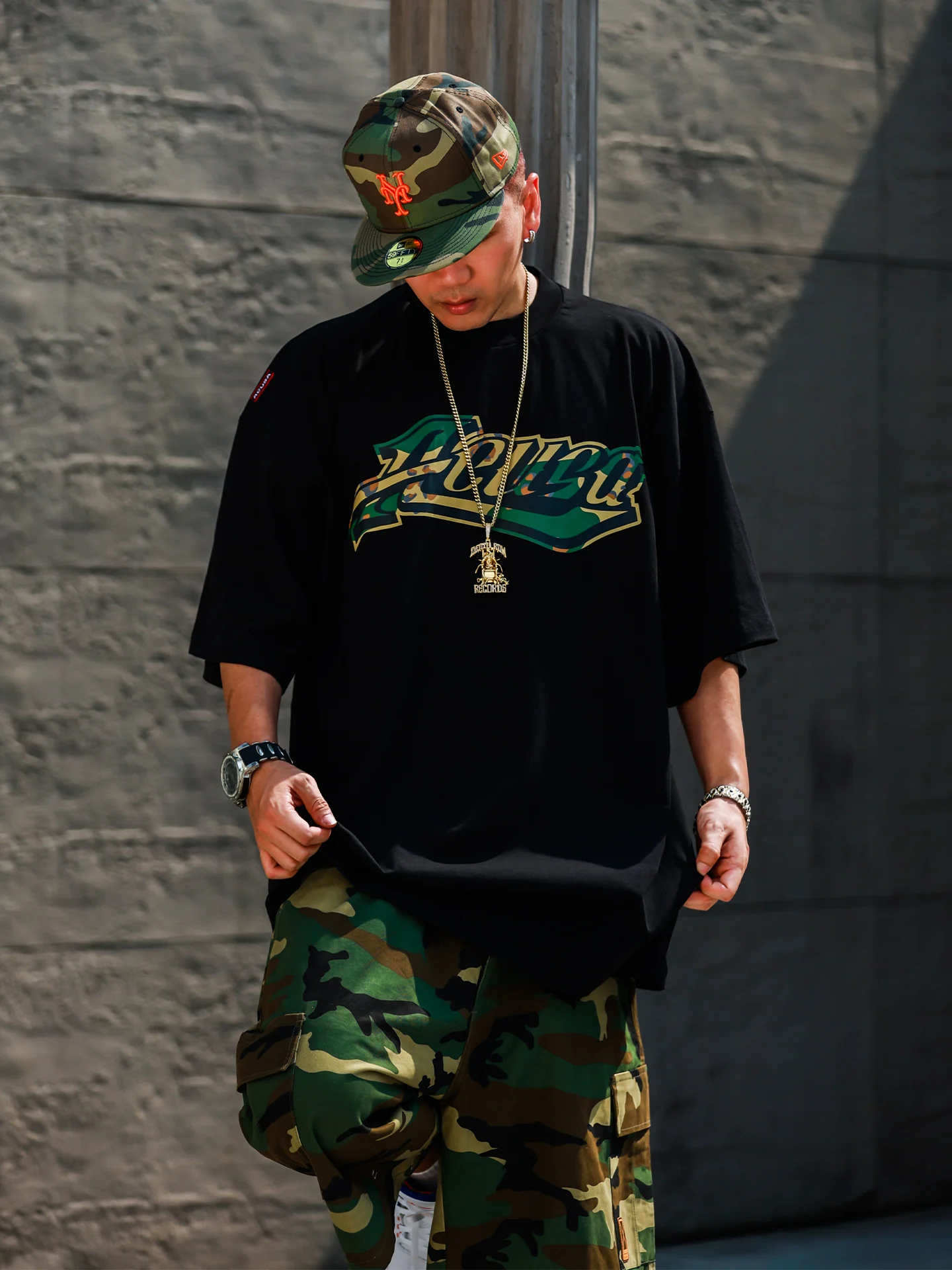 ACUSA American Street Desert Camouflage Letter Print Pure Cotton round Neck Short Sleeve Men's T-shirt Loose Hip Hop Style Black view 3