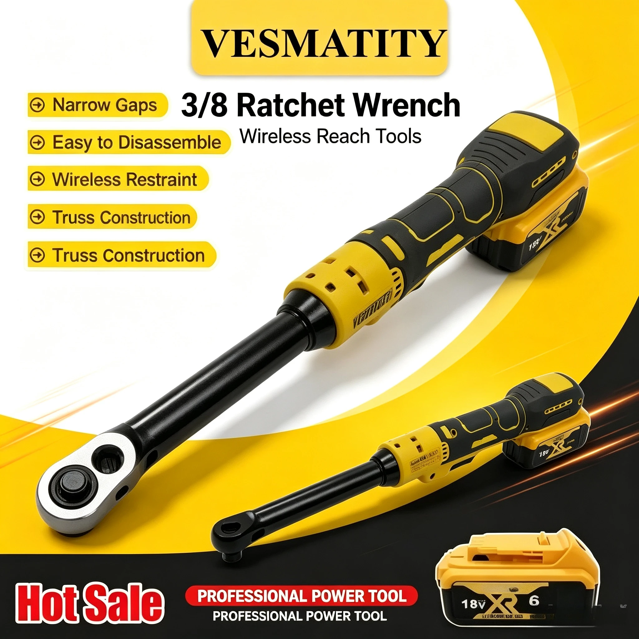 Electric Tool Ratchet Wrench 6-inch 3/8 Extension Head Disassembly Nut 220N. M Cordless Drive Tools for Dewalt Battery