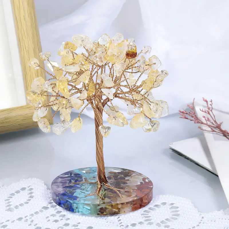 Natural Seven Color Crystal Crushed Stone Ornaments Circular Resin Base Lucky Tree Ornament Desktop Crystal Handicraft Ornaments