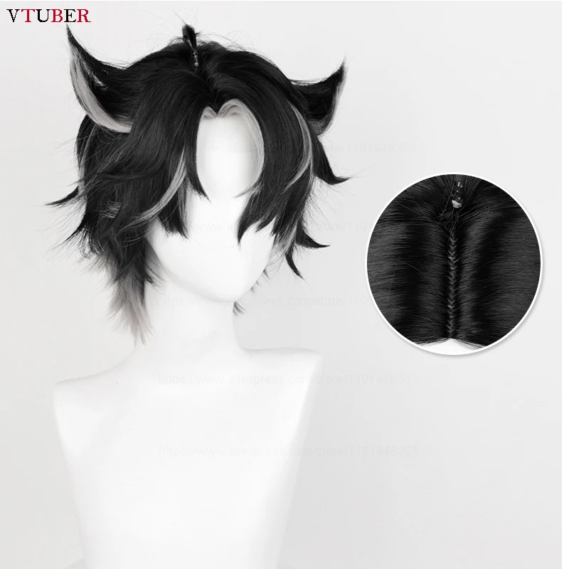 Genshin Impact Fontaine Wriothesley Cosplay Wig 30cm Black Gradient Gray Heat Resistant Synthetic Hair Game Anime Wigs + Wig Cap