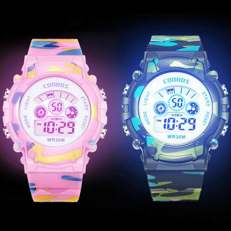 Reloj Digital con Flash colorido para niños y niñas, relojes deportivos luminosos LED de camuflaje para niños, reloj electrónico resistente al agua