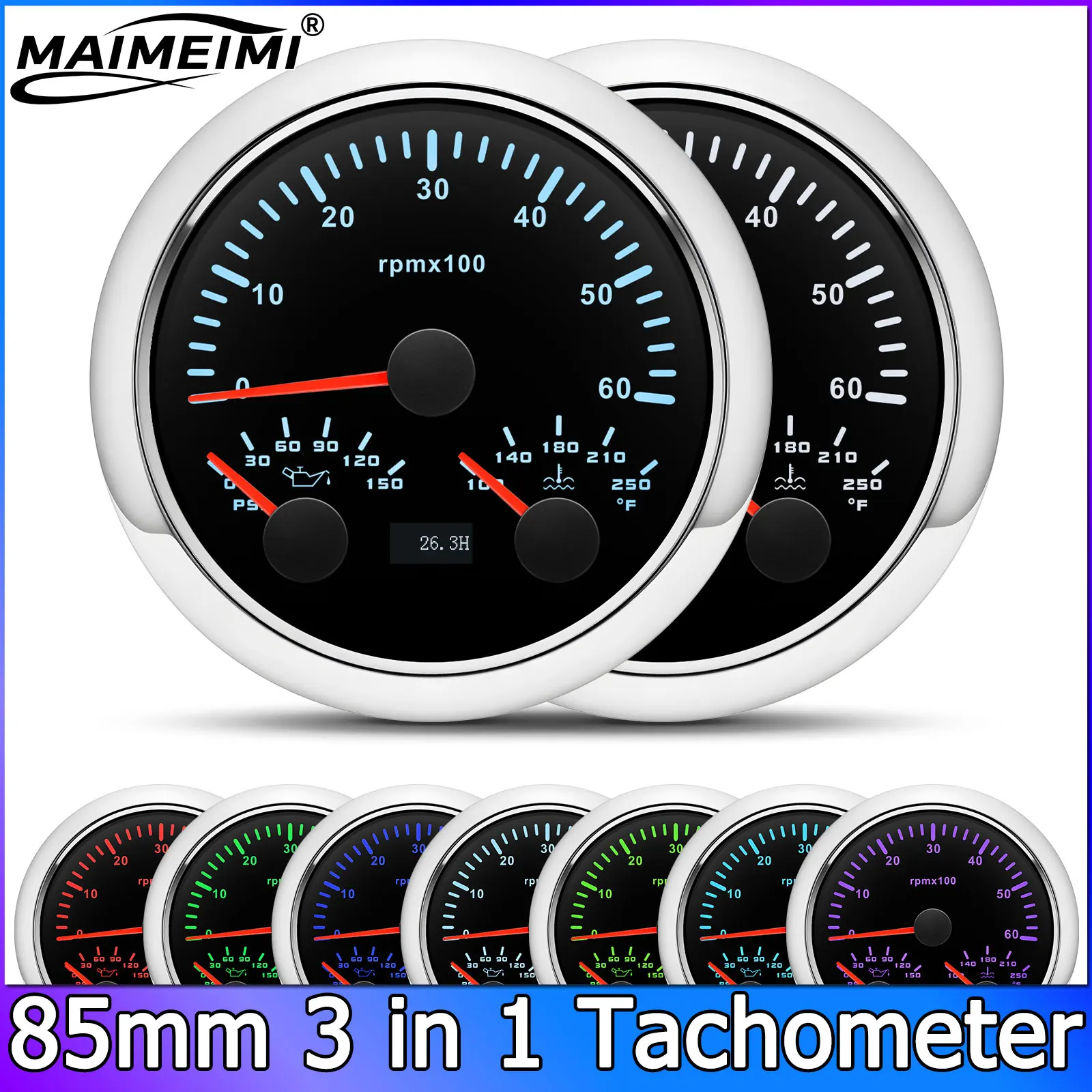 

85mm 3 in 1 Tachometer Multifunctional 0-6000RPM Tacho Meter Oil Pressure 150psi Water Temp 250F 7 Colors Backlight 9-32V