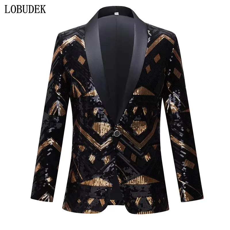 

Men's Black Gold Sequin Tuxedo Blazer Shawl Collar Button Slim Evening Party Suit Jacket Singer Host Photography Stage Wear