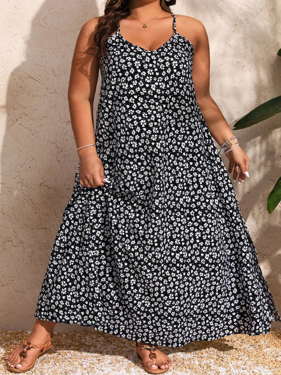 2024 Hot New Plus Size Dress V-neck Flower Print Backless Vacation Style Big Swing Flower Spring and Summer Suspender Dress — zdjęcie 5