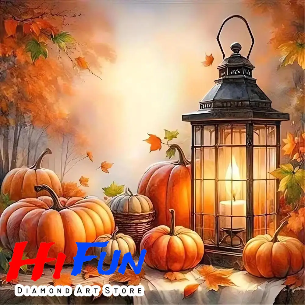 

Pumpkin Lantern Rustic Autumn Candle Poster Diamond Painting Cross Stitch DIY Mosaic Embroidery Cozy Halloween Wall Art