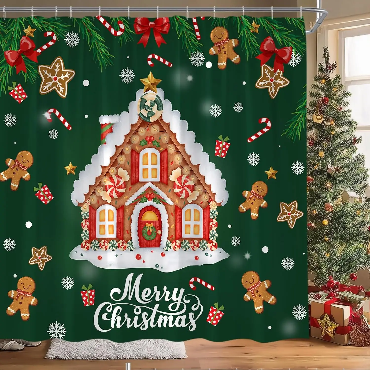Gingerbread House Shower Curtain Christmas Candy Cane Snowflake Pine Leaves Snowy Winter Fabric for Bathroom Decor Bathtub with
