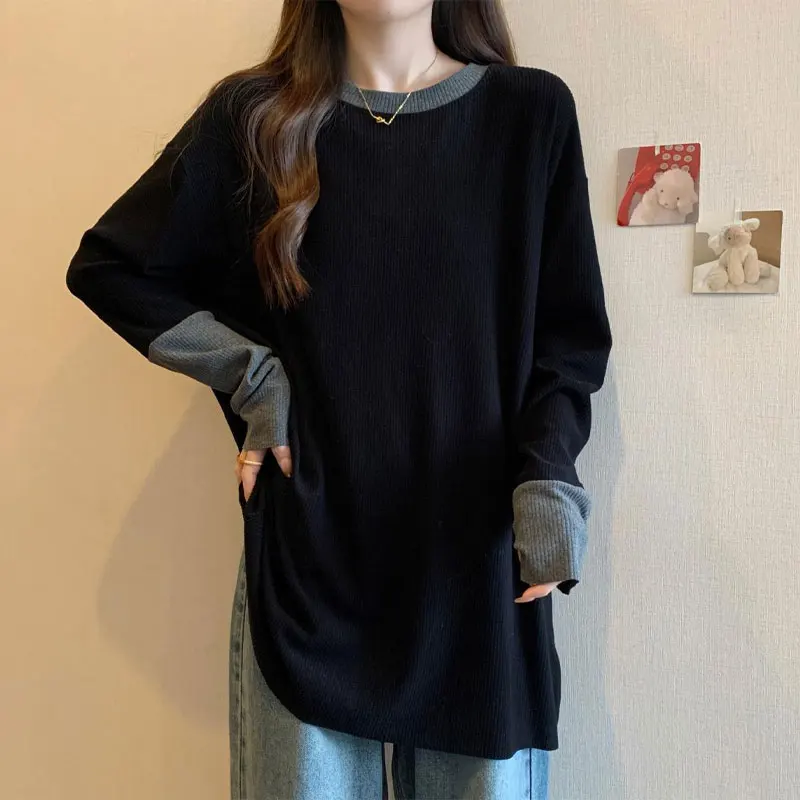 

Casual Round Neck T-shirt Spring Autumn New Contrasting Colors Spliced Female Clothing Commute Loose Basic Long Sleeve Pullovers