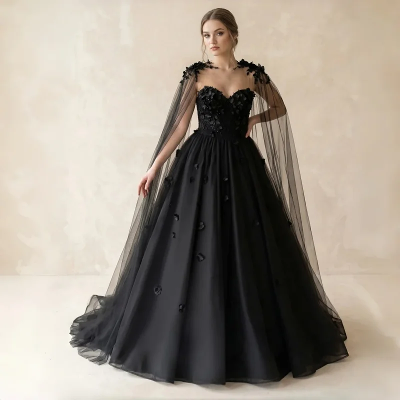 

Dark Gothic Vintage Cape Ballgown Strapless Sweetheart Neck Floral Trim Sheer Cape 3D Black Flowers Satin Tulle Skirt Customized