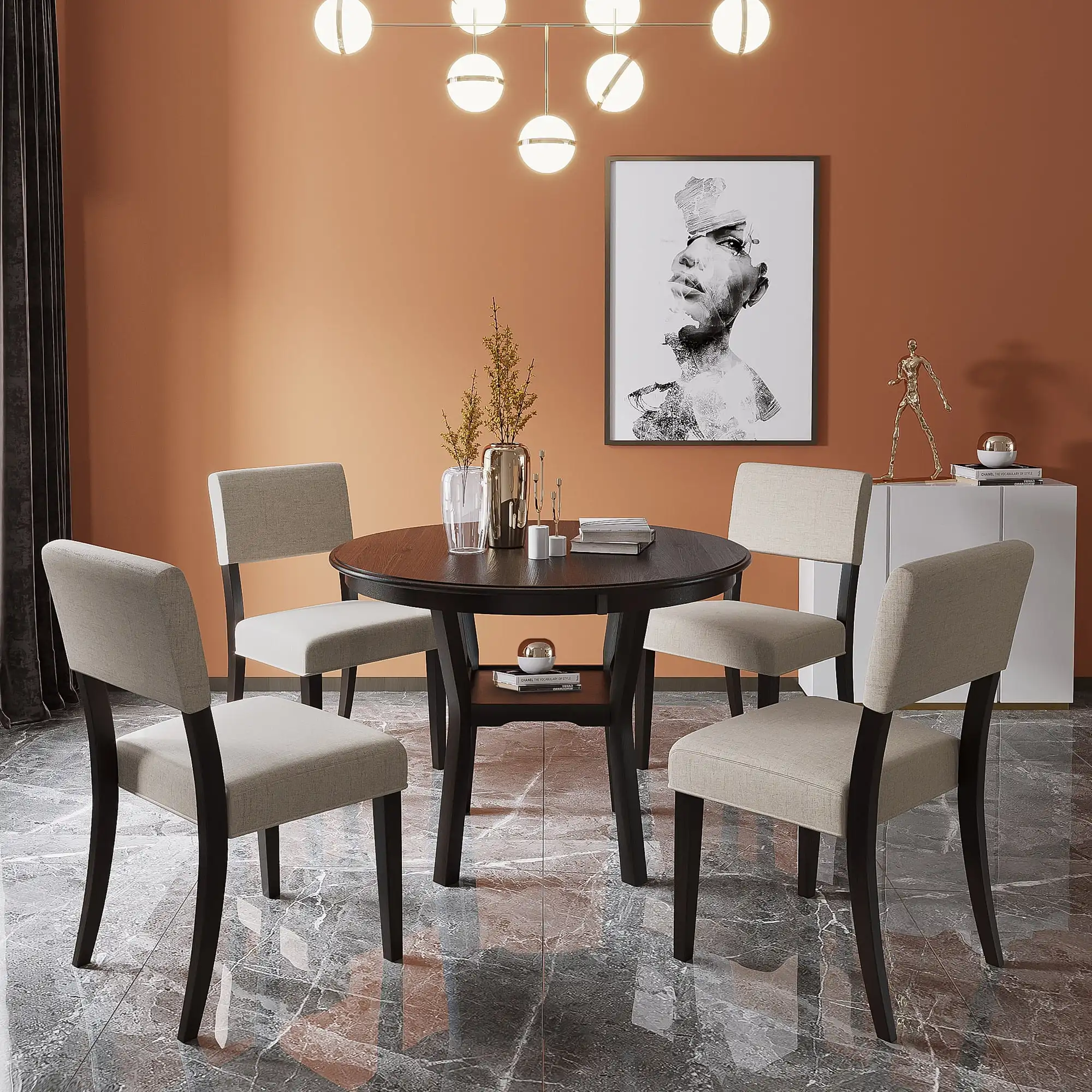 

42" 5-Piece Round Dining Table Set Kitchen Table Set with Solid Wood Table with Bottom Shelf and 4 Upholstered Chairs for