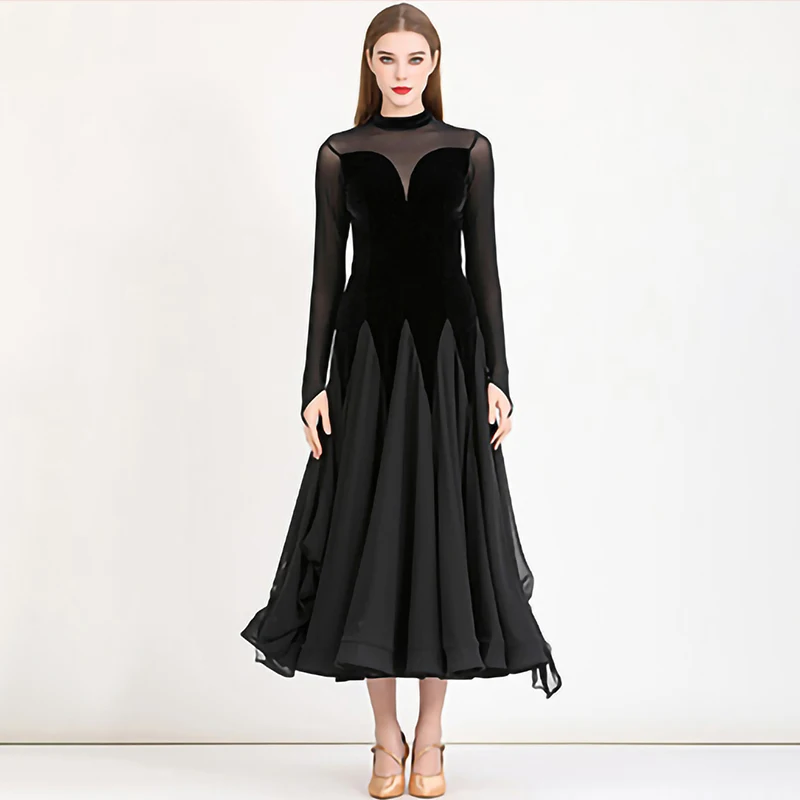 Robe de danse moderne en velours noir pour adultes, maille GB, manches longues, vêtements de pratique de documents solides, vêtements d'entraînement