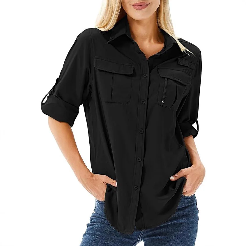 Women's Button Down Utility Shirt Roll-up Sleeve Safari Shirt with Zipper and Flap Pockets Loose Fit Outdoor Hiking Blouse
