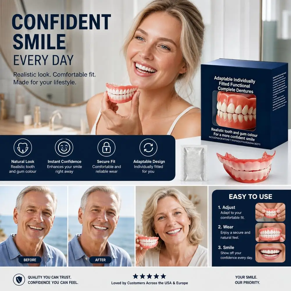 Silicone False Teeth Set Soft Elastic Comfortable Fit Secure Stable Realistic Appearance Upper Lower Complete Denture Kit 2026