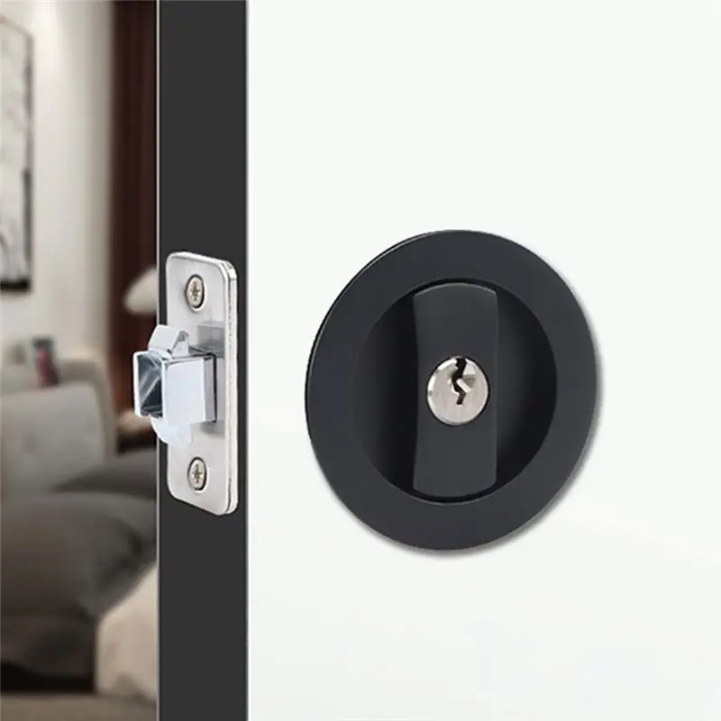 B29C-1 Piece Black Privacy Round Pocket Door Hardware Black Contemporary Pocket Door Lock With Keys